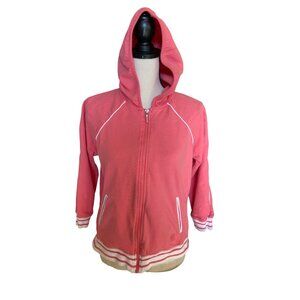 Oleg Cassini Women Small Sport Track Jacket Pink Hooded Striped Pockets Athletic